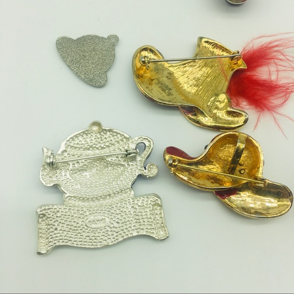 Fun Lot of Red Hat Society Pin Rhinestones Feathers Brooch Lot 8 items J17 - Picture 7 of 8